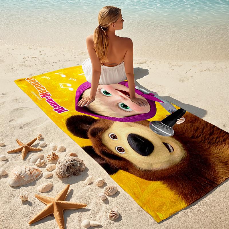 Fairy Tale Cute Cartoon Masha and the Bear Beach Towel, Outdoor Camping Beach Towel for Vacation Swimming, Outdoor Pool, Absorbent Bath Towel, H8