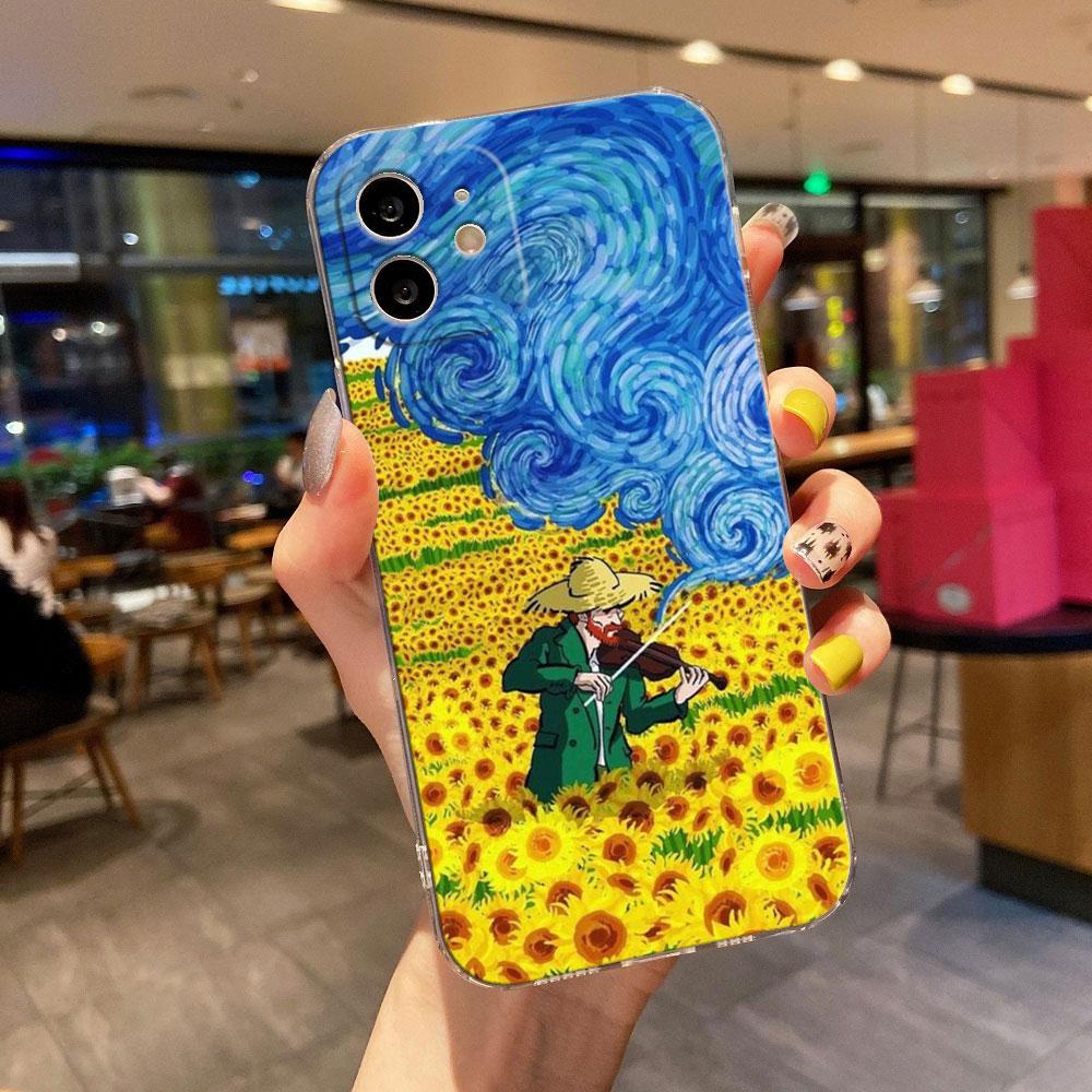 Van Gogh Cafe Terrace Starry Night Sunflower Clear Phone Case For iPhone 11 15 14 Pro Max 12 13 Mini 16 Pro Plus XS 8 Cover Case