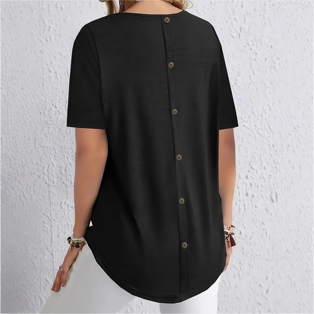 Spring Summer Solid Color T-shirt, Elegant Back Button Design, Casual Top for Women, European American Fashion Casual Wear