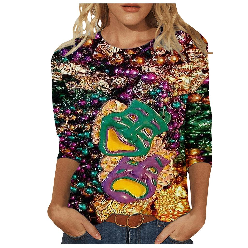 Long Sleeved Glamorous Mask Patterned Top Carnival Themed Printed Women's T-shirts