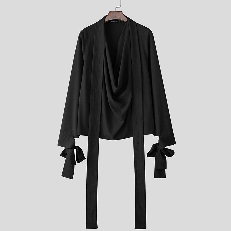 

INCERUN Мужские рубашки оверсайз с отложным воротником, длинным рукавом, оборками и неровным низом L чёрный