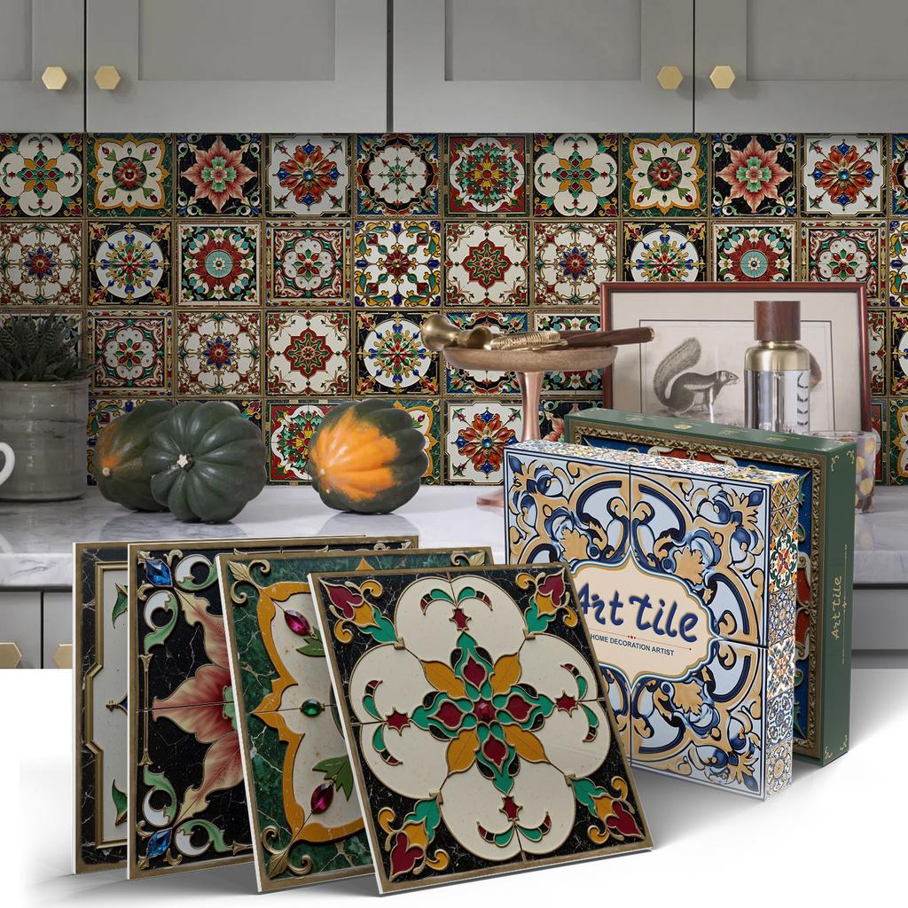 PET Foam Thickened Self-adhesive Wall Sticker, Waterproof and Anti-fouling European Mandala Wallpaper Tile Sticker for Kitchen and Bedroom