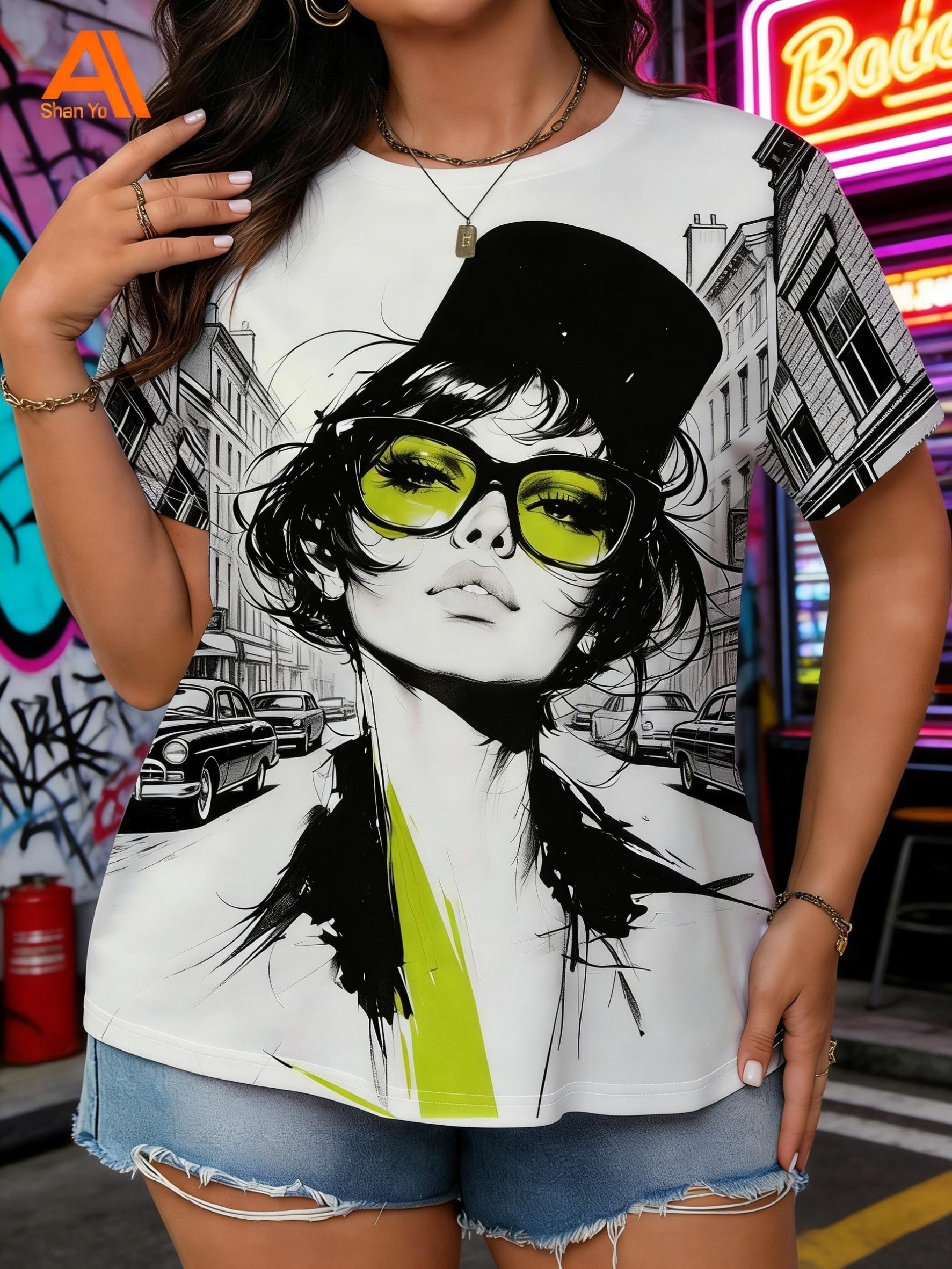 

SpringSummer Women S Casual Short Sleeve T-Shirt. Featuring Full-Print Trendy Urban Characters. Suitable for Vacation And Work. Effortlessly Crea L дубильная кора