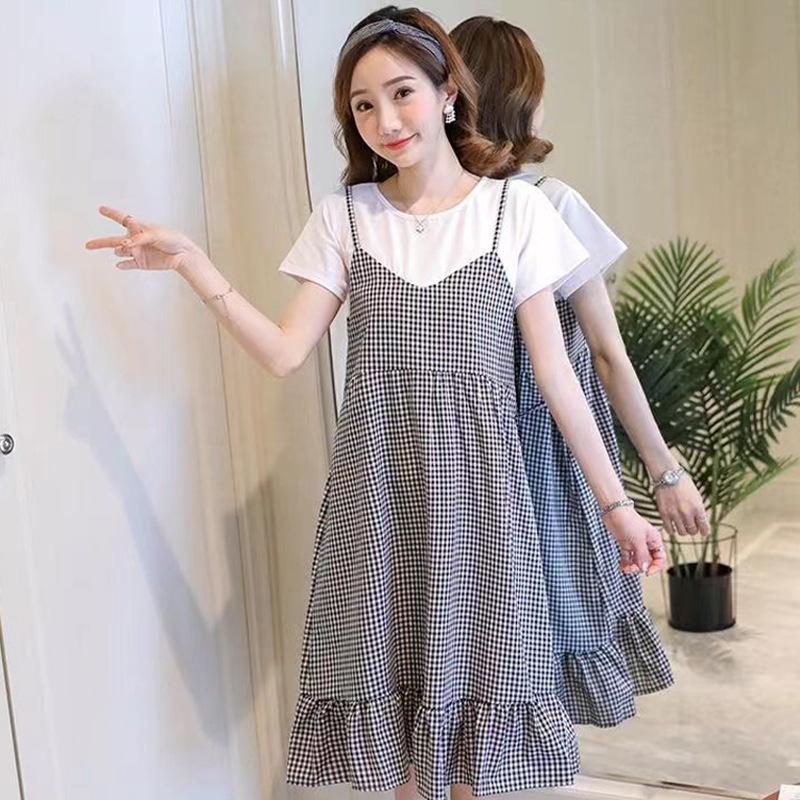 

Модная летняя тонкая одежда для беременных, двухцветное платье с короткими рукавами, свободного кроя, скрывающее живот. 3XL recommends 165-92.5 kg