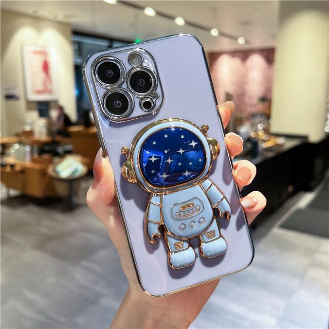 

Highend Luxury Quality Blue Plating Star Astronaut Stand Phone Case For iPhone 15 14 13 Mini 12 11 Pro Max X Xs Xr 7 8 16 Plus Soft Holder Cover For iPhone 14 Pro