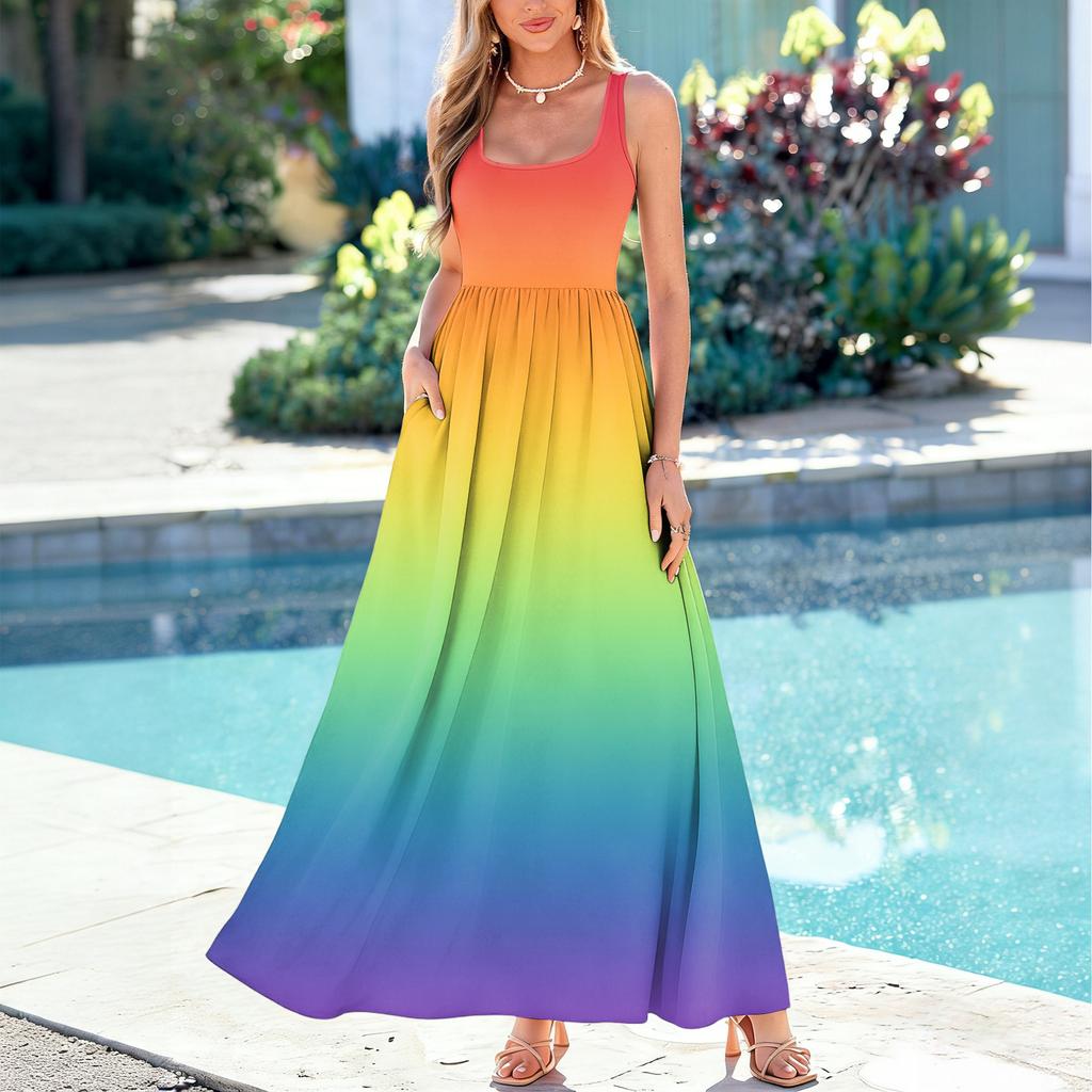 Ladies' Gradient Printed Summer Casual and Fashionable Sleeveless Long Dress