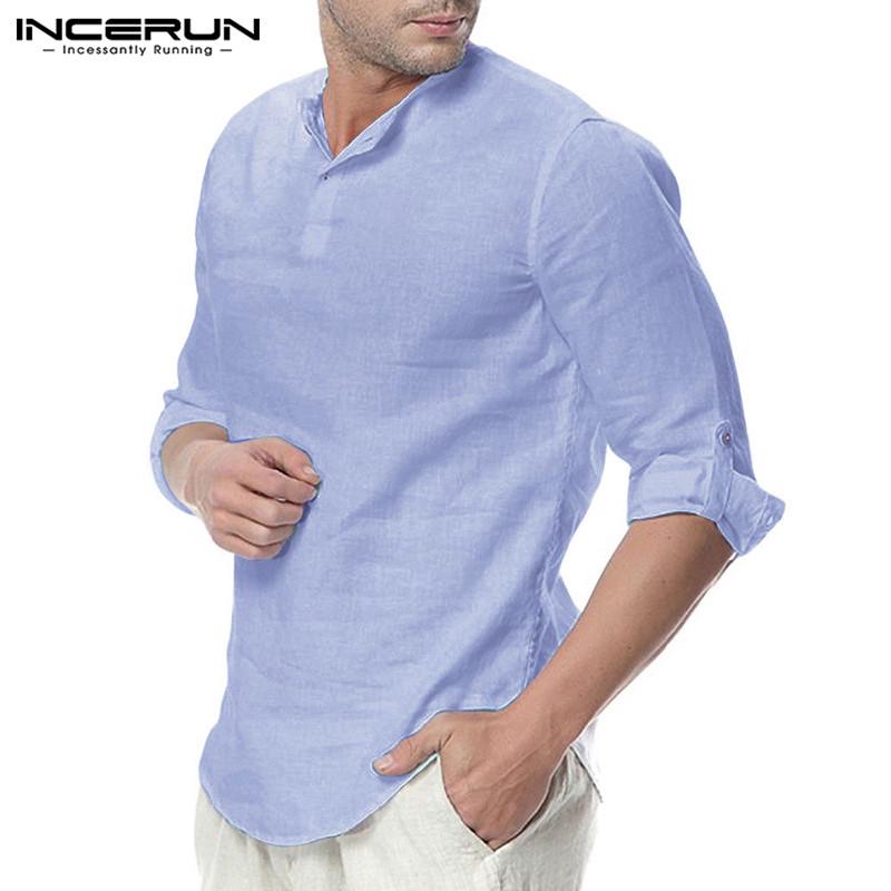 Buy Mens Linen Henley Shirt 3/4 Button Sleeve Stand Collar Cotton Linen