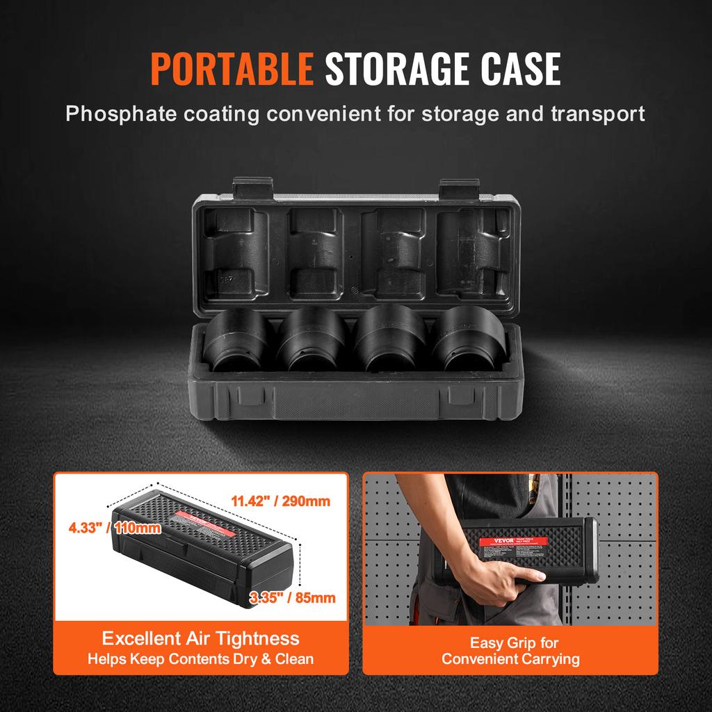 SucceBuy Axle Nut Impact Socket Set 1/2" Drive 6-Point 4-Piece SAE Spindle Nut Socket Set CR-MO Heat Treated Large Socket Set