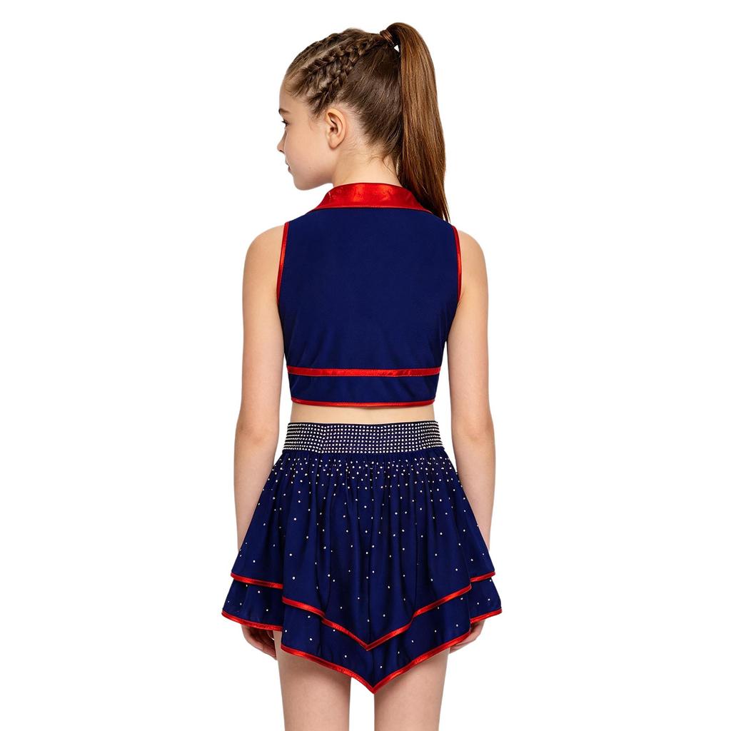 Kids Cheerleading Competition Wear V Neck Crop Top Rhinestone Trim Sleeveless with Built-in Shorts and Asymmetrical Ruffled Skirt