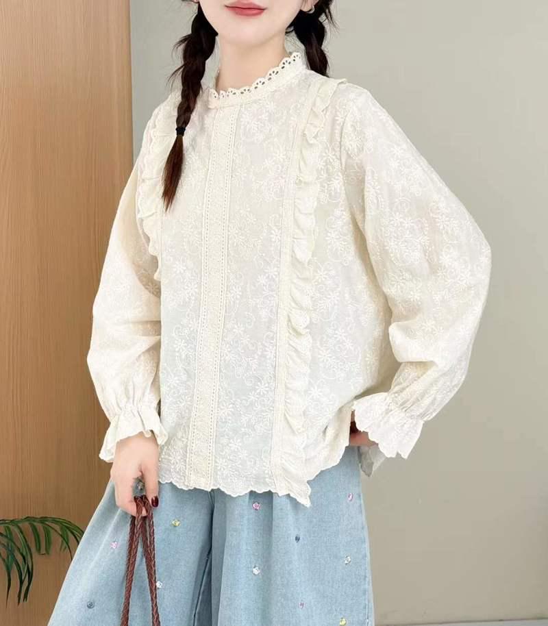 Spring 2026 Japanese Lace Embroidered Loose-Fit Women's Long Sleeve Pullover Shirt