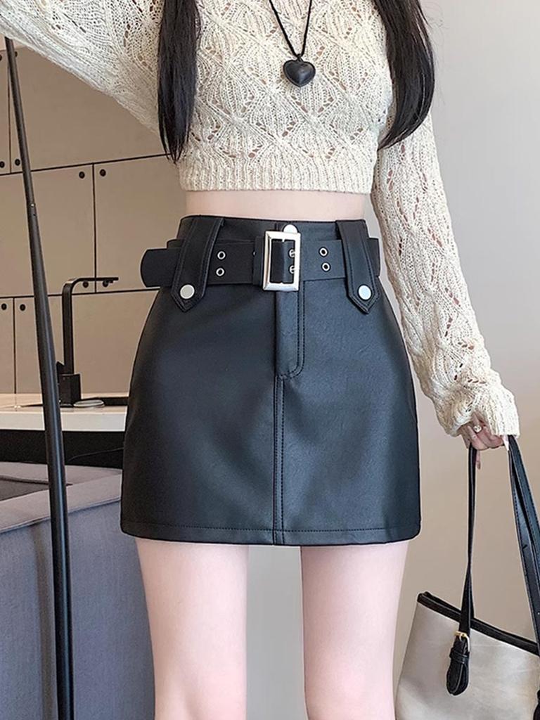Vintage Pu Leather Skirt for Women Spring Autumn High Waist A- Line Package Hip Shorts Skirt Y2k Korean Fashion Clothing