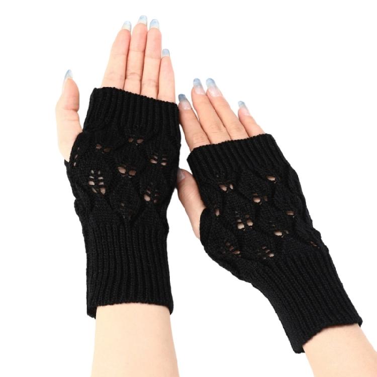 Knit Gloves Textured Leaf Design Soft Acrylic Fabric Cold Weather Fingerless Handwear Unisex Solid Color