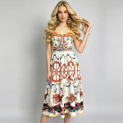 Summer Holiday Gorgeous Spaghetti Strap Dress Runway Women's Slash Neck Flower Print Beach Vacation Midi Vestidos Camisole Dress