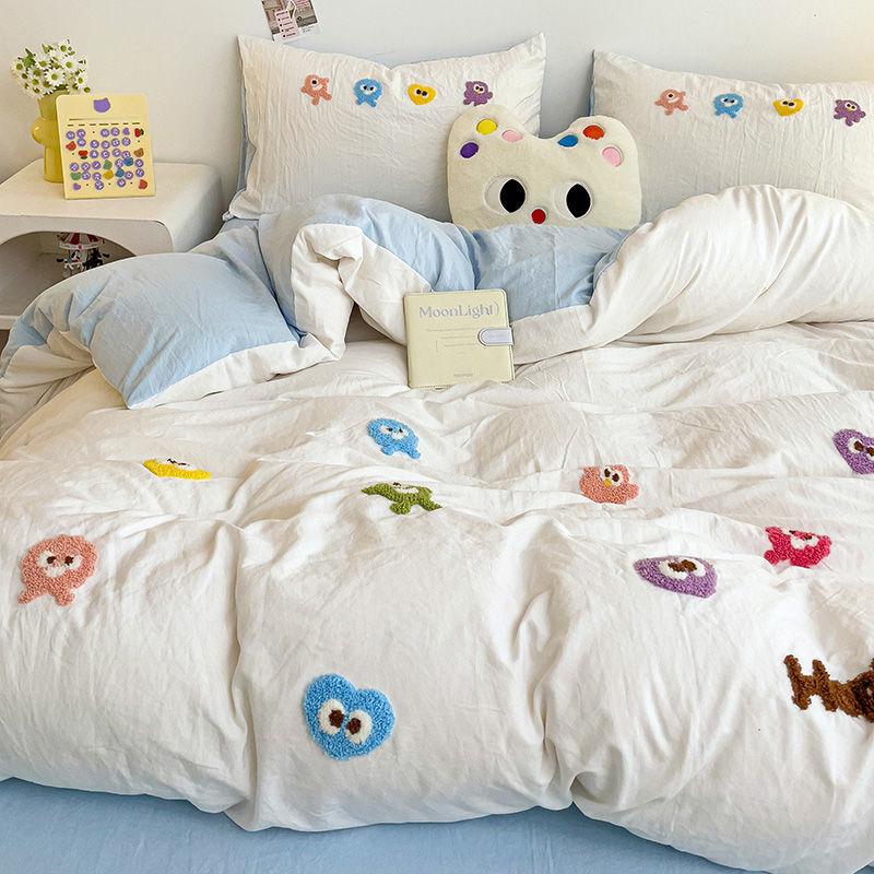 Gu Ling Wei Washed Cotton Four-piece Set Cartoon Dopamine Quilt Cover Sheet Dormitory Three-piece Set