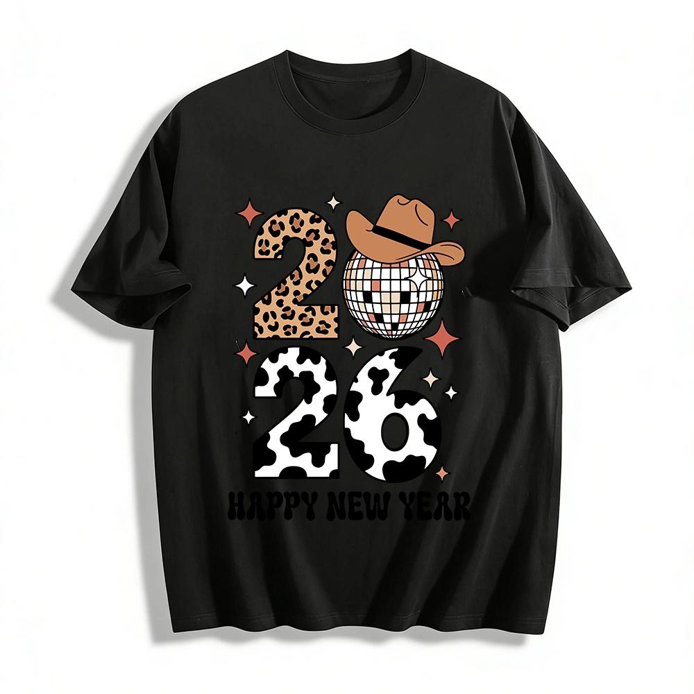

2026 Happy New Year Western Disco Party Graphic Tee Casual Top Pure cotton T-shirt XXS