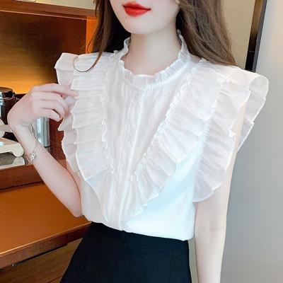 Letní Vintage Bílá Halenka s Létajícími Rukávy Dámská Elegantní Slim Fit Šifonová Košile pro Ženy Módní Jednobarevné Top pro Office Lady 24190