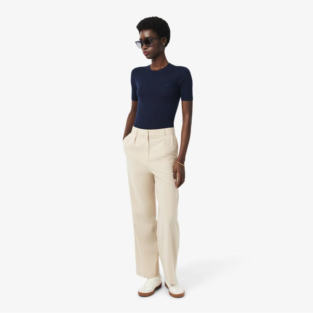 [Lacoste] Women's Fine Merino Wool Rib-Knit Short-Sleeve Sweater AF4146-56G166