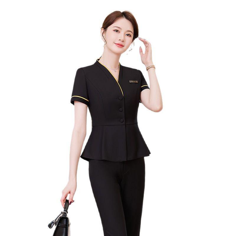 Women's 2025 Summer Collarless Short Sleeve Suit Set for Professional Jewelry Store/Hotel Reception Staff