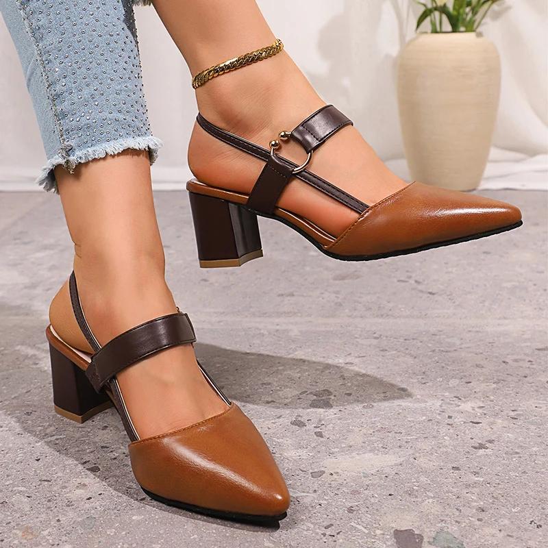 Fashion Elegant Pointed Toe Chunky Heel Sandals Women Summer Slingback High Heels Pumps Woman Fashion Thick Heeled Party Dress Sandalias