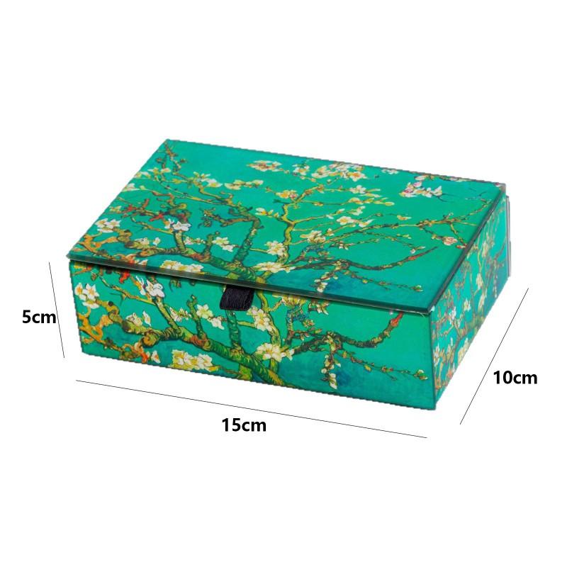 Elegant Glass Jewelry Box Women Hand-Painted Cartoon Design Green Storage Organizer With Hard Cover