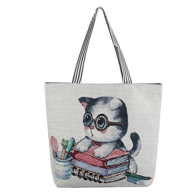 Cat Canvas Tote Bag With Embroidery For Casual Travel And Shopping