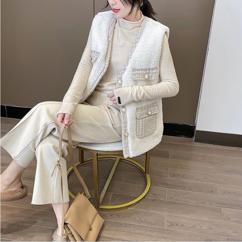 Temperament Dame Stil Lamm Plüsch Weste Herbst und Winter Neue Tweed Nähte Weste Weste Jacke Frauen