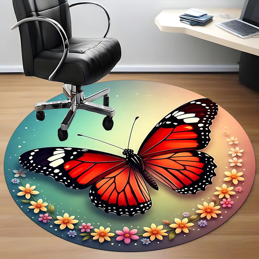 1pc Butterfly Print Chair Carpet for Office, Round Polyester Mat, Indoor Decor for Office, Easycare Fabric, Washable Non-slip Area Carpet