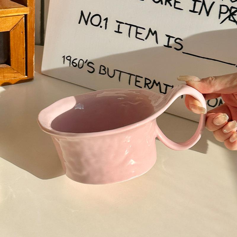 Ins Cream Wind Ceramic Mug Qu Handle Cup Large Capacity Breakfast Cup Oatmeal Bowl with Spoon Girls' Souvenir