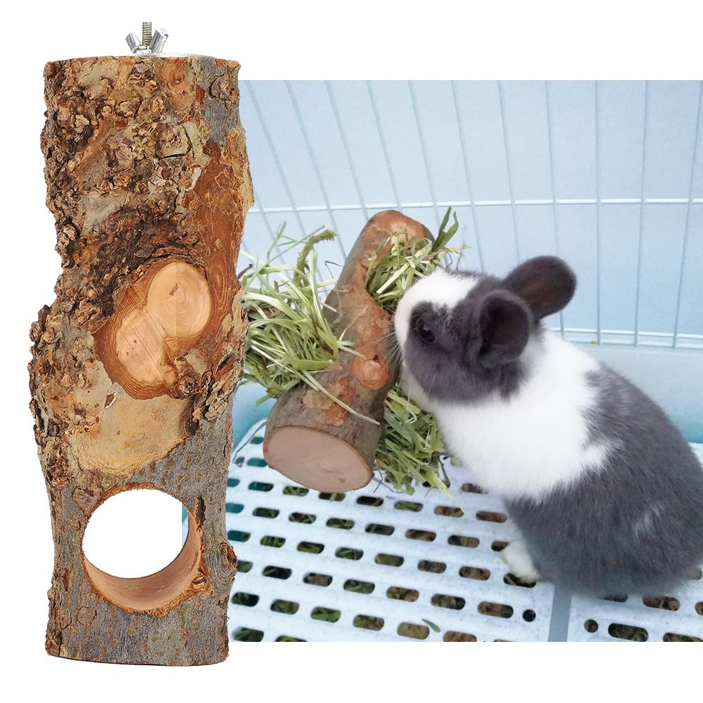 Natural Applewood Pet Feeding Stand Food Rack Feed Tree Teeth Grinding Toy for Rabbit Cavy Small Animal