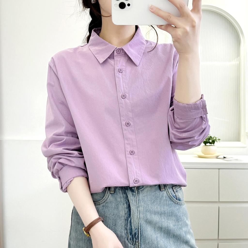 Women's Candy Color Long Sleeve Cotton Shirt - Minimalist, Versatile, and Slimming Design