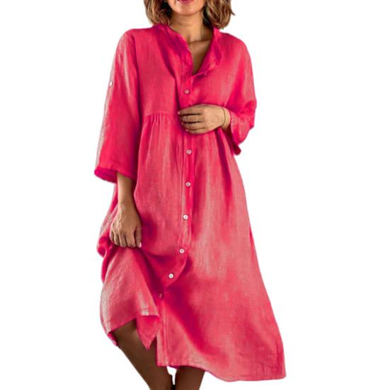 Women Summer Loose Shirt Dress Stand Collar 3/4 Sleeve Buttons Placket Solid Color Loose Fit Midi Dress Streetwear