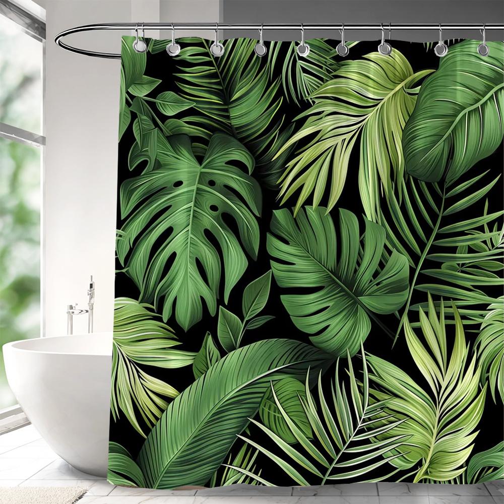 Tropical Leaves Shower Curtains Watercolour Green Palm Leaf Monstera Bath Curtain Black Polyester Home Bathroom Decor with Hooks