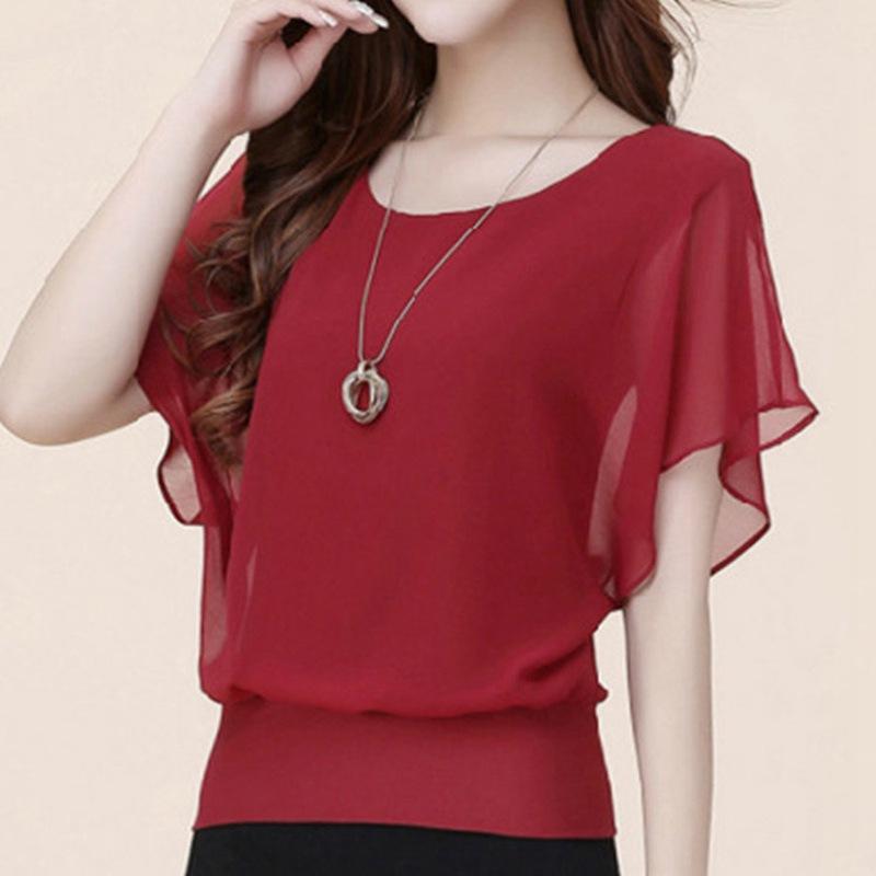 Summer New Solid Color Chiffon Shirt Sweet Short-Sleeved T-shirt Large Size Women's Clothing