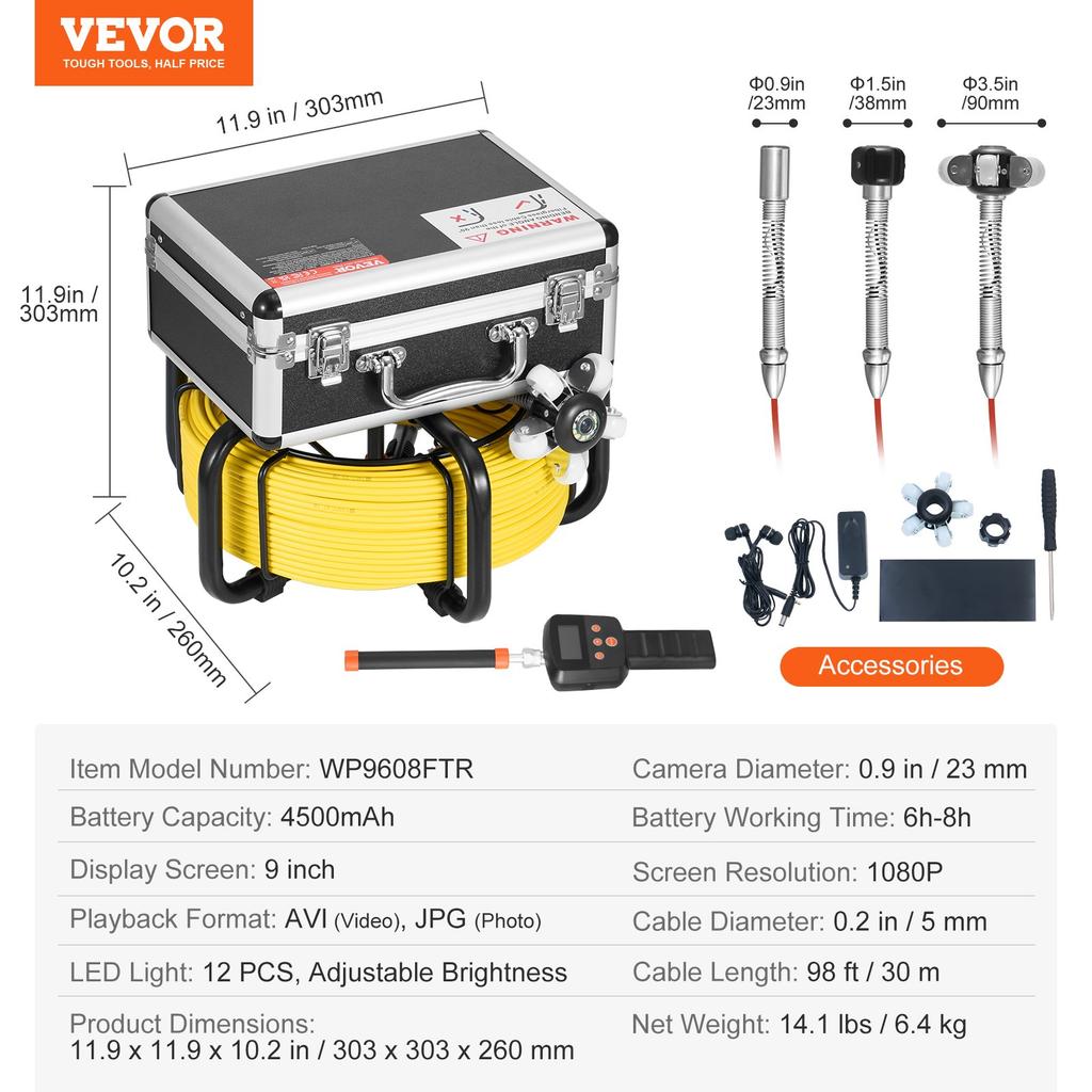 VEVOR Sewer Camera with 512Hz Locator, 98 Ft/30 M, Self-Leveling Drain Inspection Camera with 9" 1080P HD Screen, 36X Zoom