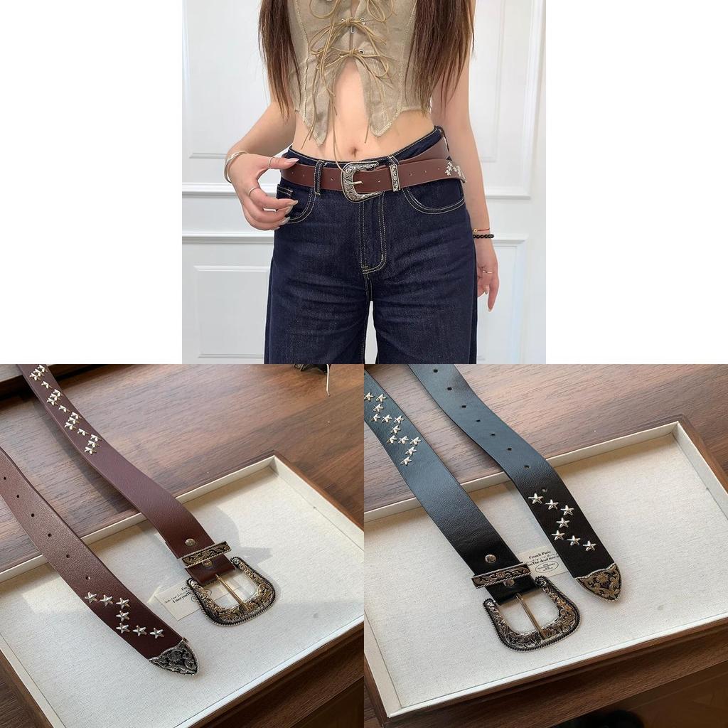 Vintage Y2k Star Rivet Pu Leather Belt With Alloy Buckle For Daily Wear
