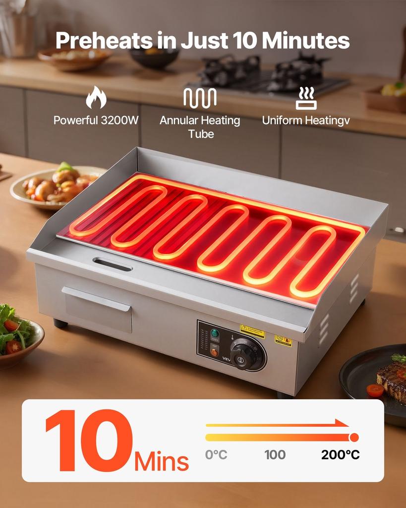 Commercial Electric Griddle, 535 x 300 mm, 3200W, 50-300°C Adjustable Temp Control, Stainless Steel Body, Half Grooved Half Flat, with 2 Spatulas, 2