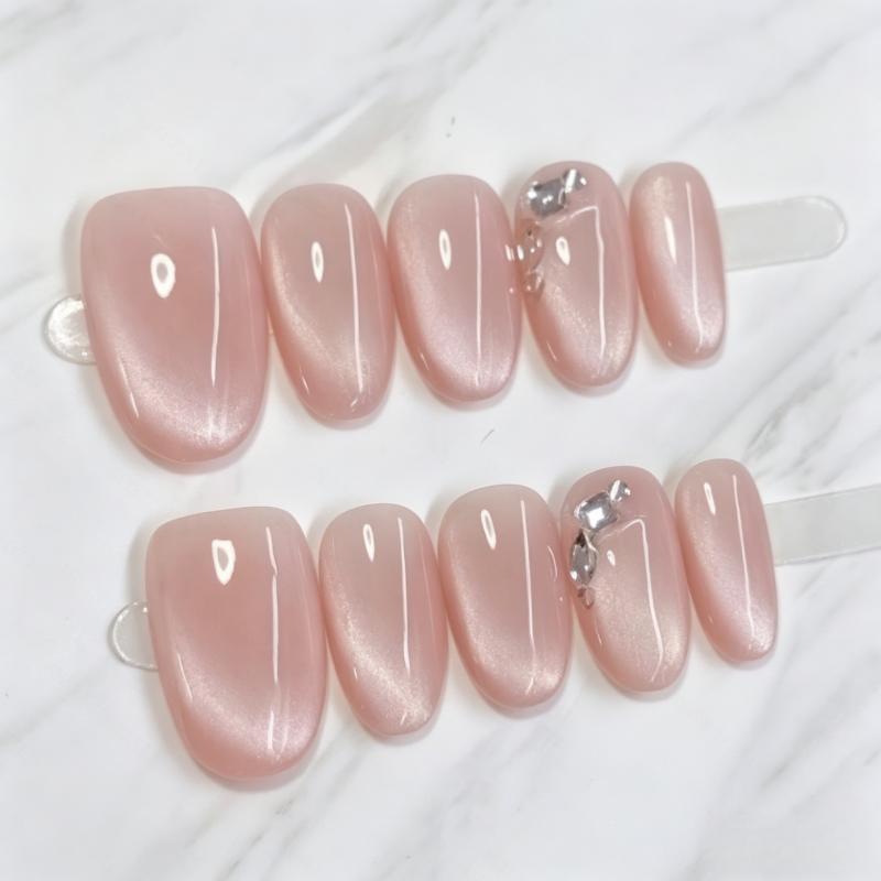 10Pcs Handmade Almond Cat Eye Nails Sweet Nude Pink Press On Nails High Quality Fake Nails Gift For Girls