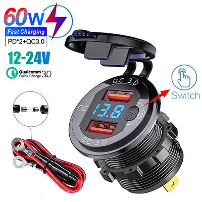 Doppelter QC3.0 Autoladegerät Zigarettenanzünderbuchse Wasserdicht USB Schnellladung Mit Voltmeter Schalter 12/24V Schnellladeadapter