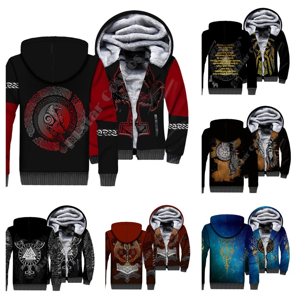Men's Viking Tattoo 3d Print Zipper Hooded Fleece Double Layer Sweatshirt