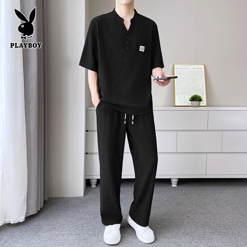 PLAYBOY Men s Summer Ice Silk Short Sleeve T-Shirt & Long Pants Set 3XL/190 чёрный