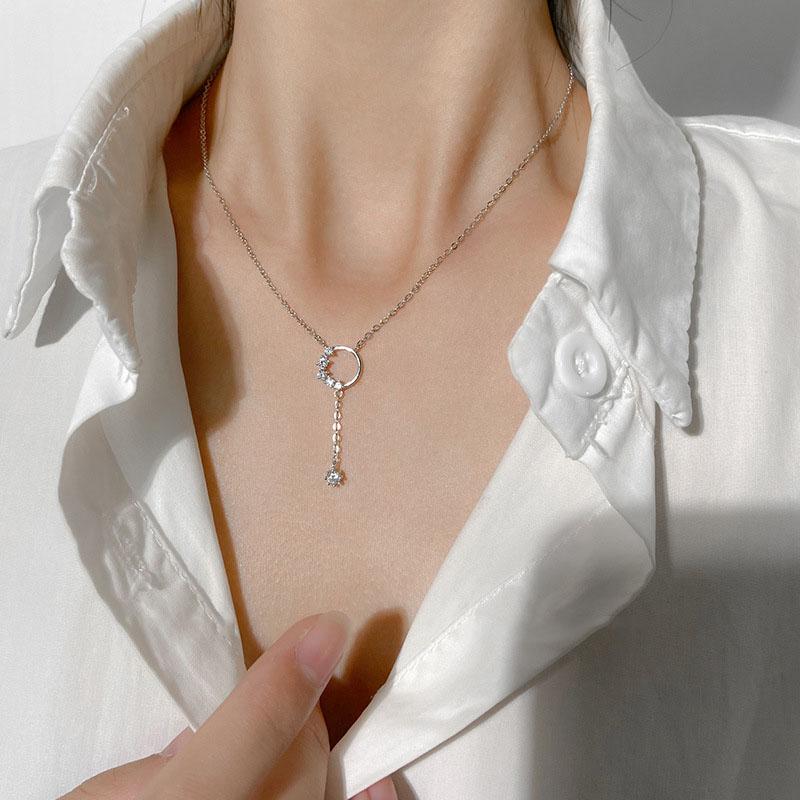 ANENJERY Shiny Zircon Round Circle Long Chain Tassel Necklace for Women Party Wedding Necklace Jewelry Gifts S-N713