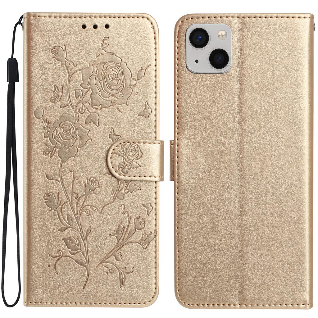 For iPhone 14 Wallet Case Rose Pattern Imprinted Leather Flip Stand Phone Cover