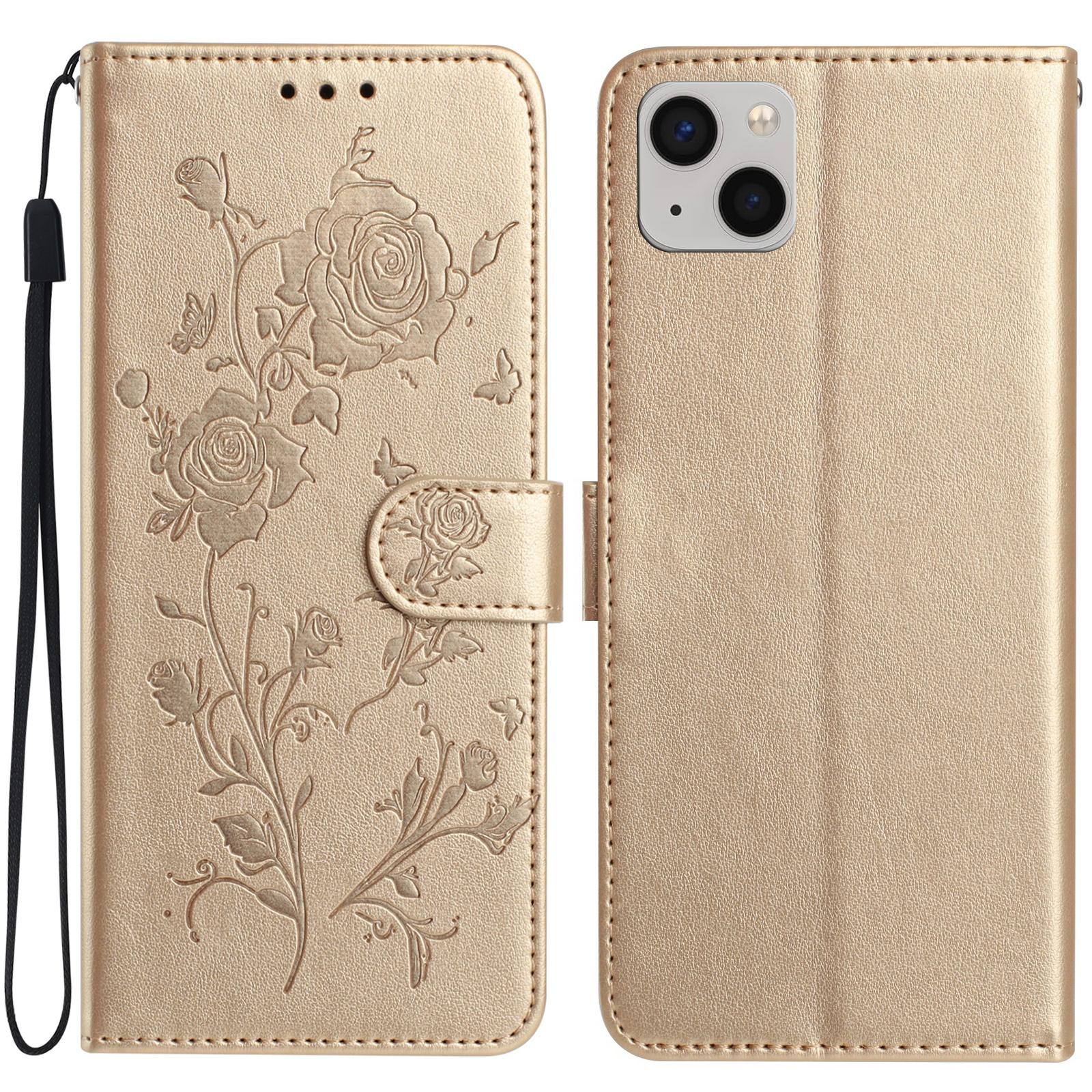 

For iPhone 14 Wallet Case Rose Pattern Imprinted Leather Flip Stand Phone Cover Gold