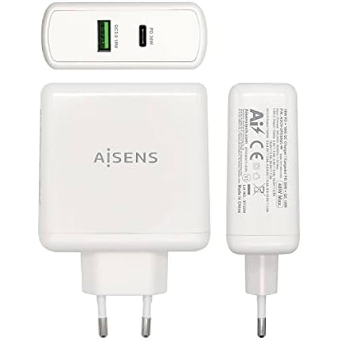 AISENS CARGADOR 48W 1xUSB-C PD3.0 30W 1xUSB-A QC3.0 18W Blanco