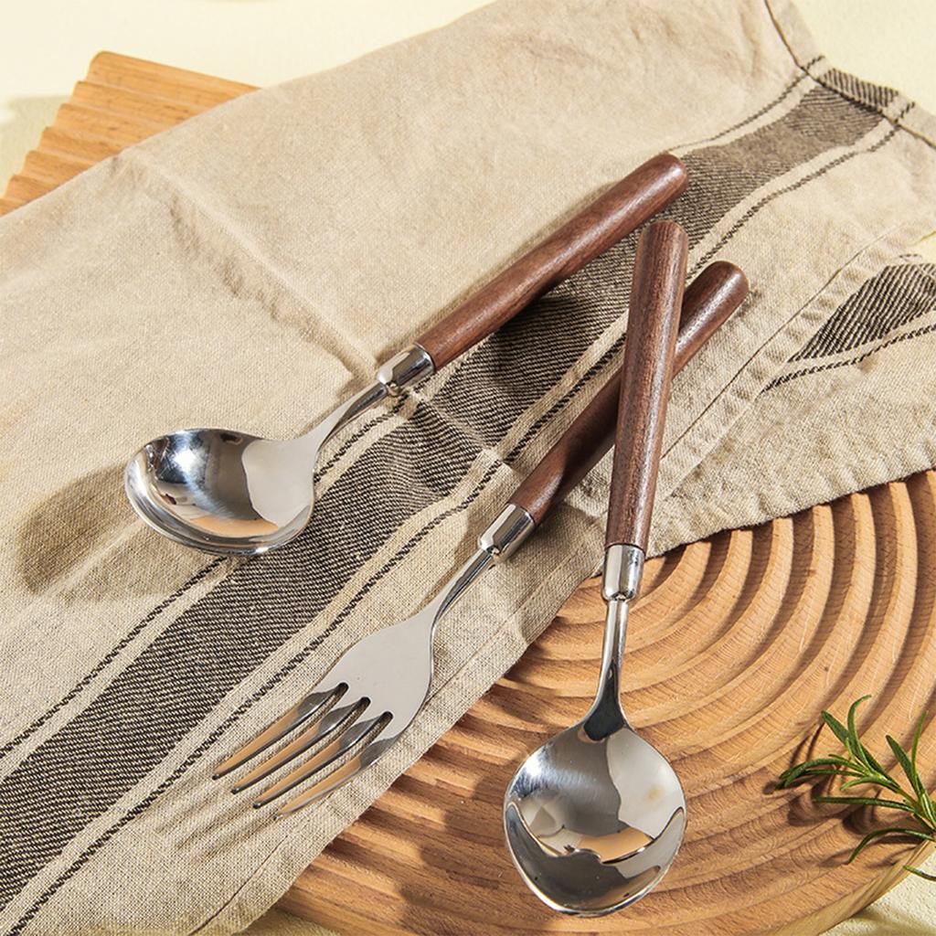 Cutlery Set with Walnut Wood Handle, Steak Knife Fork Spoon, Durable Thick Flatware for Steak, Dessert, Western Style Tableware