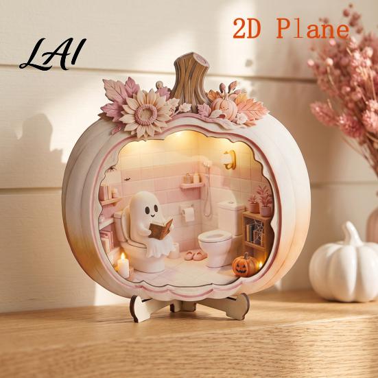 Indoor Fall Tabletop Centerpiece Halloween Ghost Pumpkin Wooden Plaque 2D Flat Sign Gift for Lovers Spooky Bathing Reading Ornament Home Office