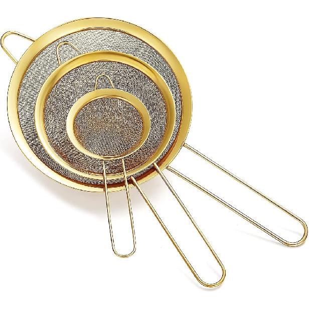 Gold Fine Mesh Strainer 3 Pieces Set, Golden Flour Sifter For Baking, Stainless Steel Clander, Gold Matcha Tea Strainer, Gravy Separator, Stasher