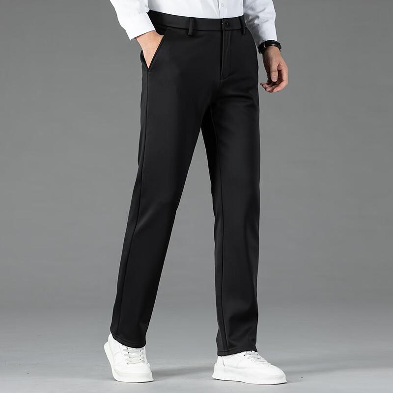 FAPAI Men's Wool Blend Fleece-Lined Straight Business Casual Trousers