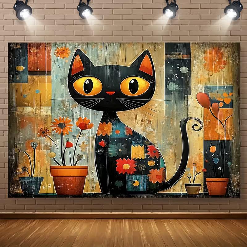 

2D Retro Folk Art Cat Tapestry, Whimsical Black Cat with Floral Pots Scene Backdrop for Bohemian Spaces 47.2x31.5inch/120*80cm