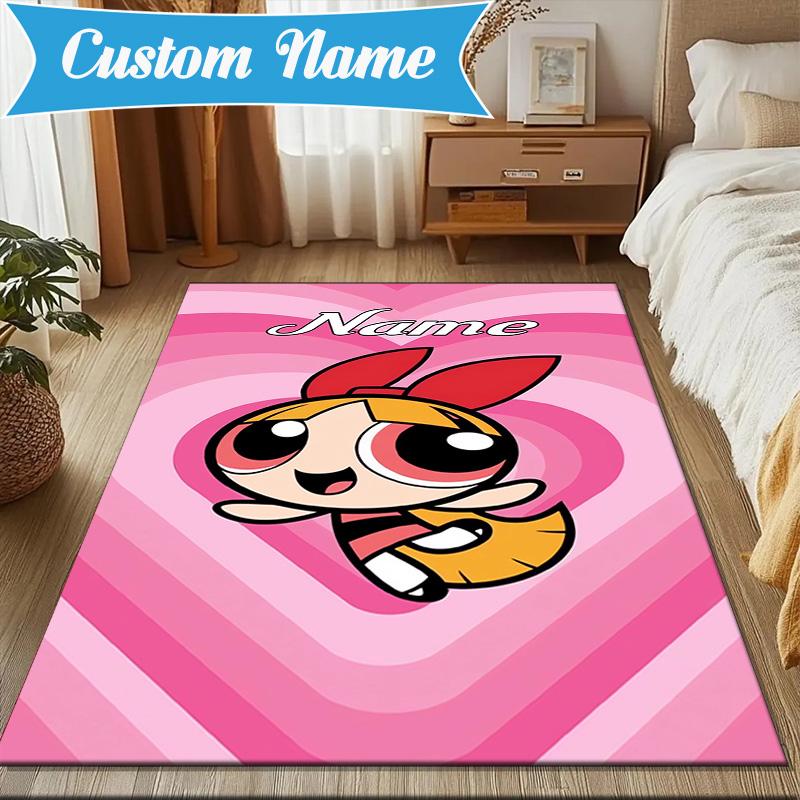 Benutzerdefinierter Name Powerpuff Abenteuer Teppich Spiel Teppich, Fußmatte für Schlafzimmer Wohnzimmer Eingangsbereich Teppich, Heimdeko Idee Geschenk für Weihnachten Geburtstag